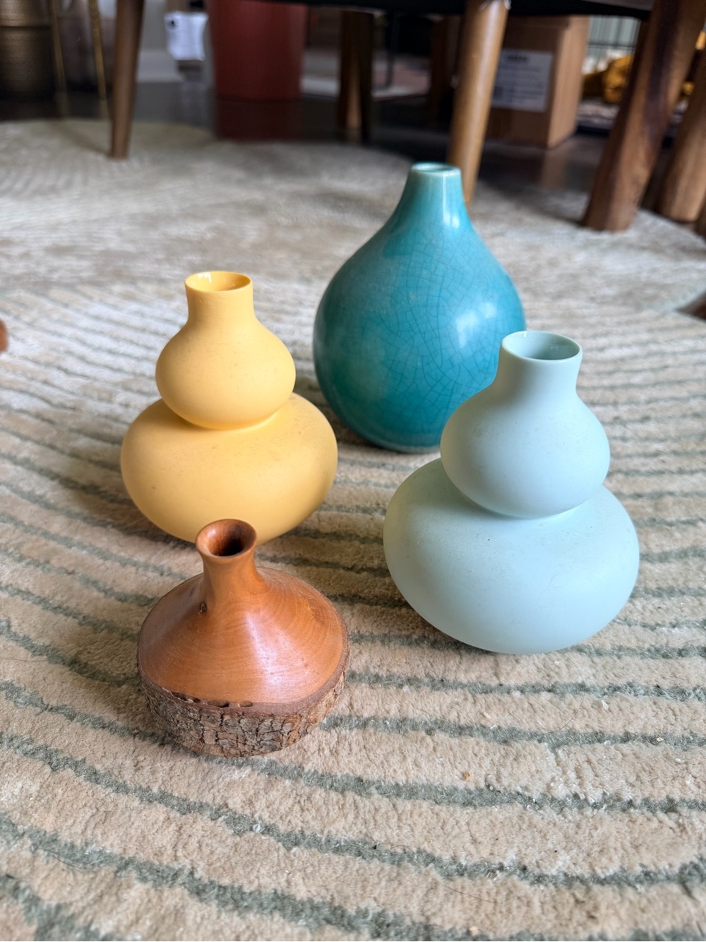 Handcrafted Decorative Bud Vases in Teal, Yellow, Mint & Wood